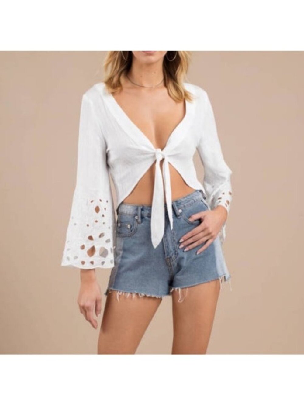 Moon River Eyelet Reversible Crop Top S White Tie Bell Sleeves Lightweight